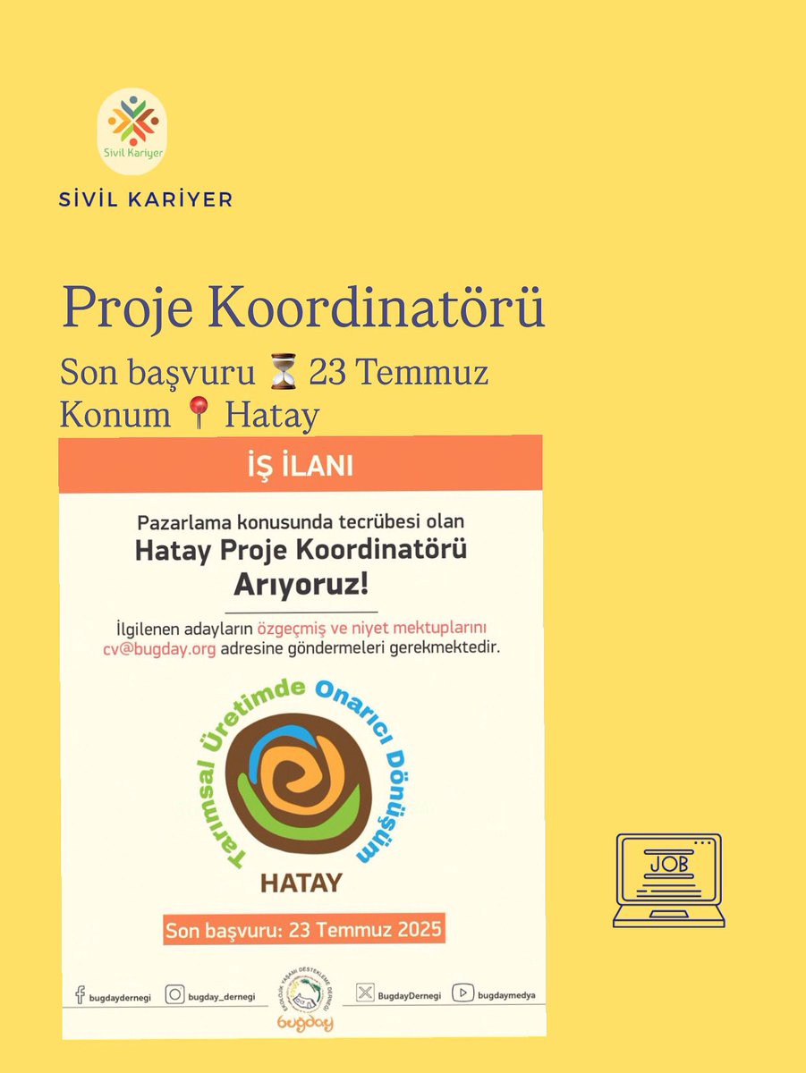 *Buğday Derneği Yeni Bir Ekip Arkadaşı Arıyor!*  
📌 *Pozisyon*: Proje Koordinatörü  
📩 *Başvuru*: Özgeçmiş ve niyet mektubunuzu *23 Temmuz 2025* tarihine kadar  
*cv@bugday.org* adresine gönderebilirsiniz.
Detaylı bilgi için  <a href="/BugdayDernegi/">Buğday Derneği</a>  
#işilanı #sivilkariyer #siviltoplum