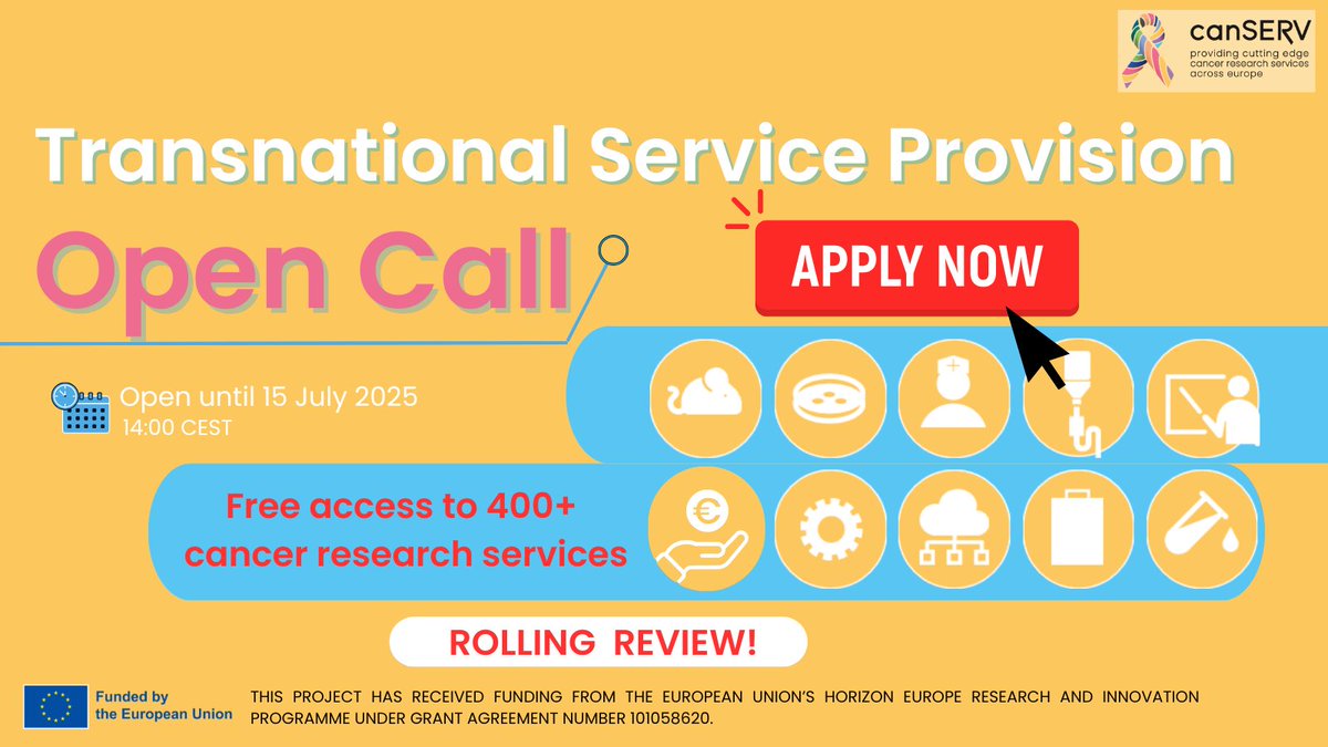 Last chance⏳#canSERV_EU’s Open Call for Transnational Service Provision is open until tomorrow🕑

#Cancer researchers at all levels in &amp; outside 🇪🇺 can apply for🆓access to 400+ services👏

🏃Hurry up &amp; apply 👉 canserv.eu/calls/