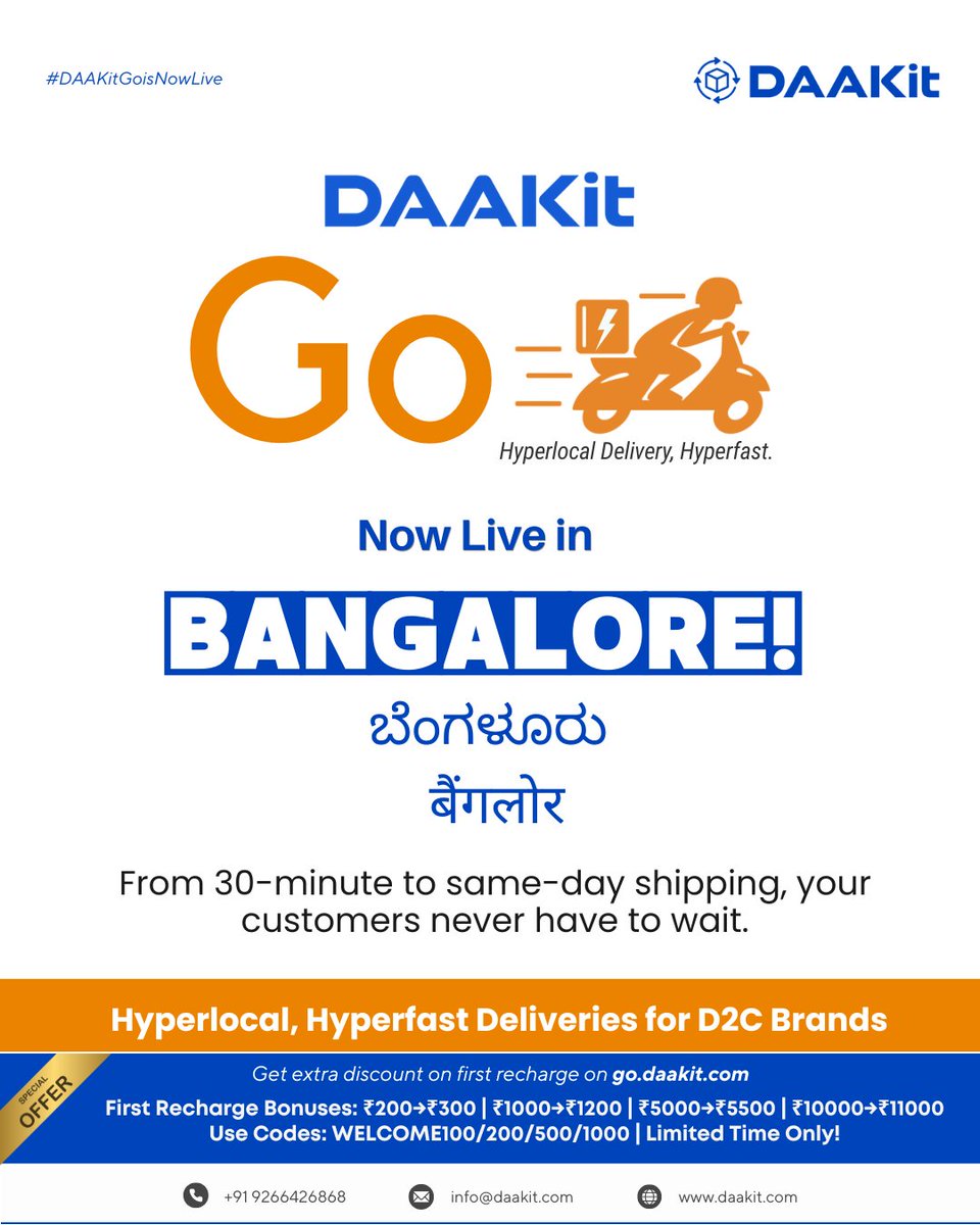 daakit's tweet image. #DAAKITGOisnowlive in #Bangalore, revolutionizing hyperlocal delivery for D2C brands with options from 30-minute to same-day shipping.

Experience lightning-fast, tech-driven last-mile solutions that keep your customers delighted &amp;amp; your operations seamless.

#HyperlocalDelivery