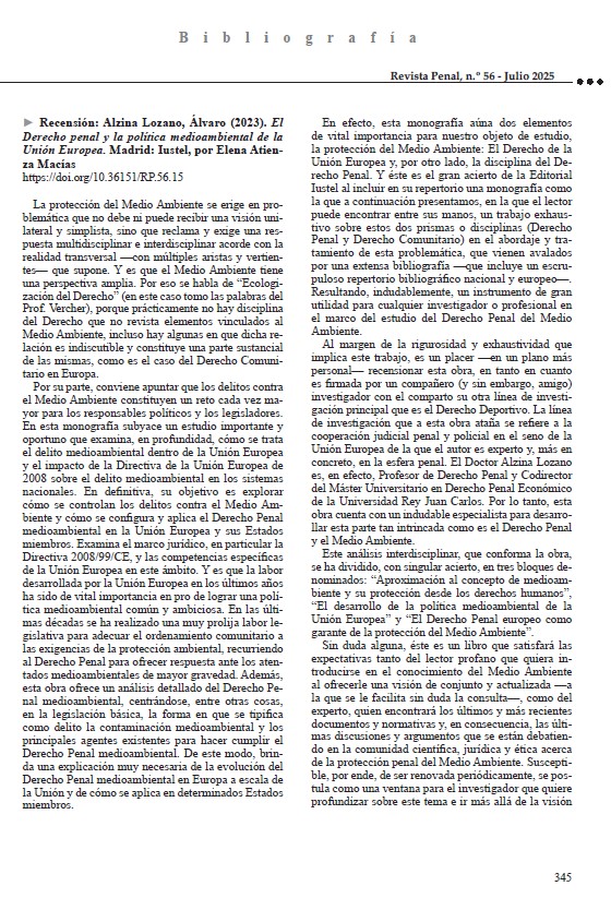 ✨Un honor recensionar la obra "El Derecho penal y la política medioambiental de la Unión Europea" de <a href="/IustelEditorial/">Editorial Iustel</a> 
📗Monografía que aborda una temática de la mayor actualidad de mi querido compañero Prof. Alzina de
<a href="/urjc/">URJC</a>
📕Recensión en: Revista Derecho Penal 56 <a href="/Tirant_ESP/">Tirant España</a>