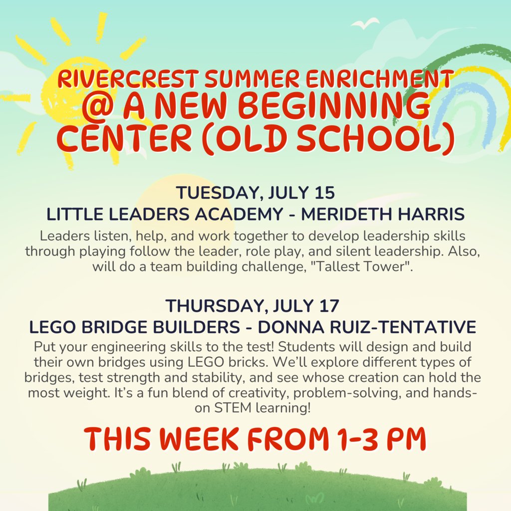 Rivercrest Summer Enrichment ☀️
This week @ Luxora Community Center
Tuesday and Thursday 1-3 PM