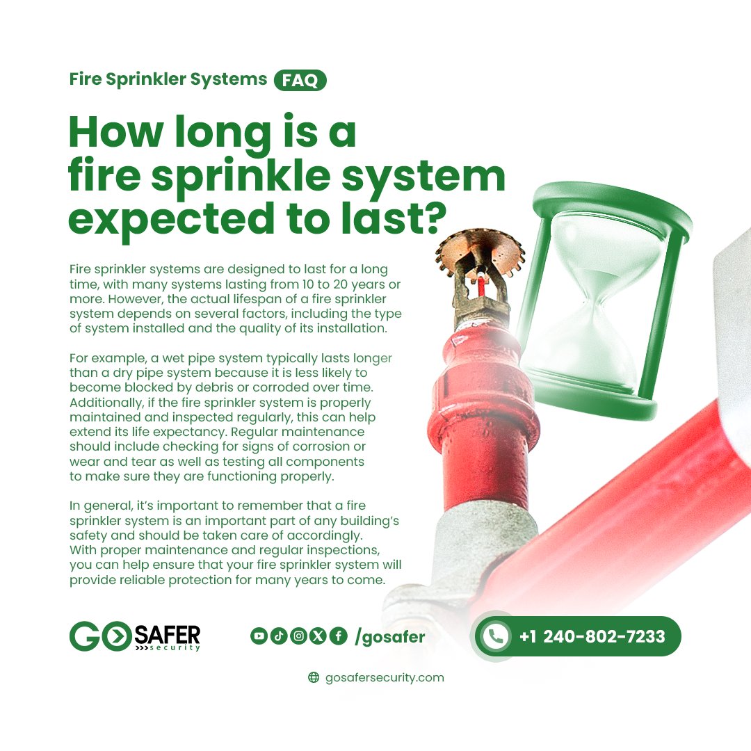 ⏳ Fire Sprinklers Built to Last
With proper care, fire sprinkler systems can last 10-20 years or more! Regular inspections and maintenance ensure your system stays effective for decades.

🔧 Extend the life of your system with Go Safer Security.