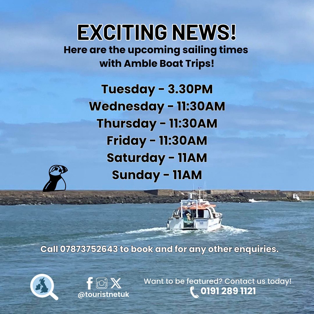 Upcoming sailing times with Amble Boat trips have just been posted! 

Don’t forget they are dog friendly 🐕, there are toilet facilities available on board 🚽 and an open view shelter will cover you from rain during rainy days ☔️! 

#amble #ambleboattrips #sailing #puffins #seals