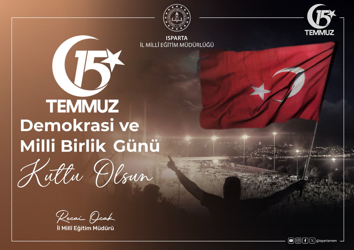 Isparta İl Millî Eğitim Müdürlüğü (@ispartamem) on Twitter photo 🇹🇷Zaferin Adı Türkiye
Milletimizin bağımsızlığına ve demokrasiye sahip çıktığı 15 Temmuz’u unutmuyoruz. Aziz şehitlerimizi rahmetle, kahraman gazilerimizi minnetle anıyoruz.15 Temmuz Demokrasi ve Millî Birlik Günü kutlu olsun.
<a href="/tcmeb/">Millî Eğitim Bakanlığı</a>
<a href="/Yusuf__Tekin/">Yusuf Tekin</a>
<a href="/ISPARTAVALILIK/">T.C. ISPARTA VALİLİĞİ</a> 🇹🇷Zaferin Adı Türkiye
Milletimizin bağımsızlığına ve demokrasiye sahip çıktığı 15 Temmuz’u unutmuyoruz. Aziz şehitlerimizi rahmetle, kahraman gazilerimizi minnetle anıyoruz.15 Temmuz Demokrasi ve Millî Birlik Günü kutlu olsun.
<a href="/tcmeb/">Millî Eğitim Bakanlığı</a>
<a href="/Yusuf__Tekin/">Yusuf Tekin</a>
<a href="/ISPARTAVALILIK/">T.C. ISPARTA VALİLİĞİ</a>