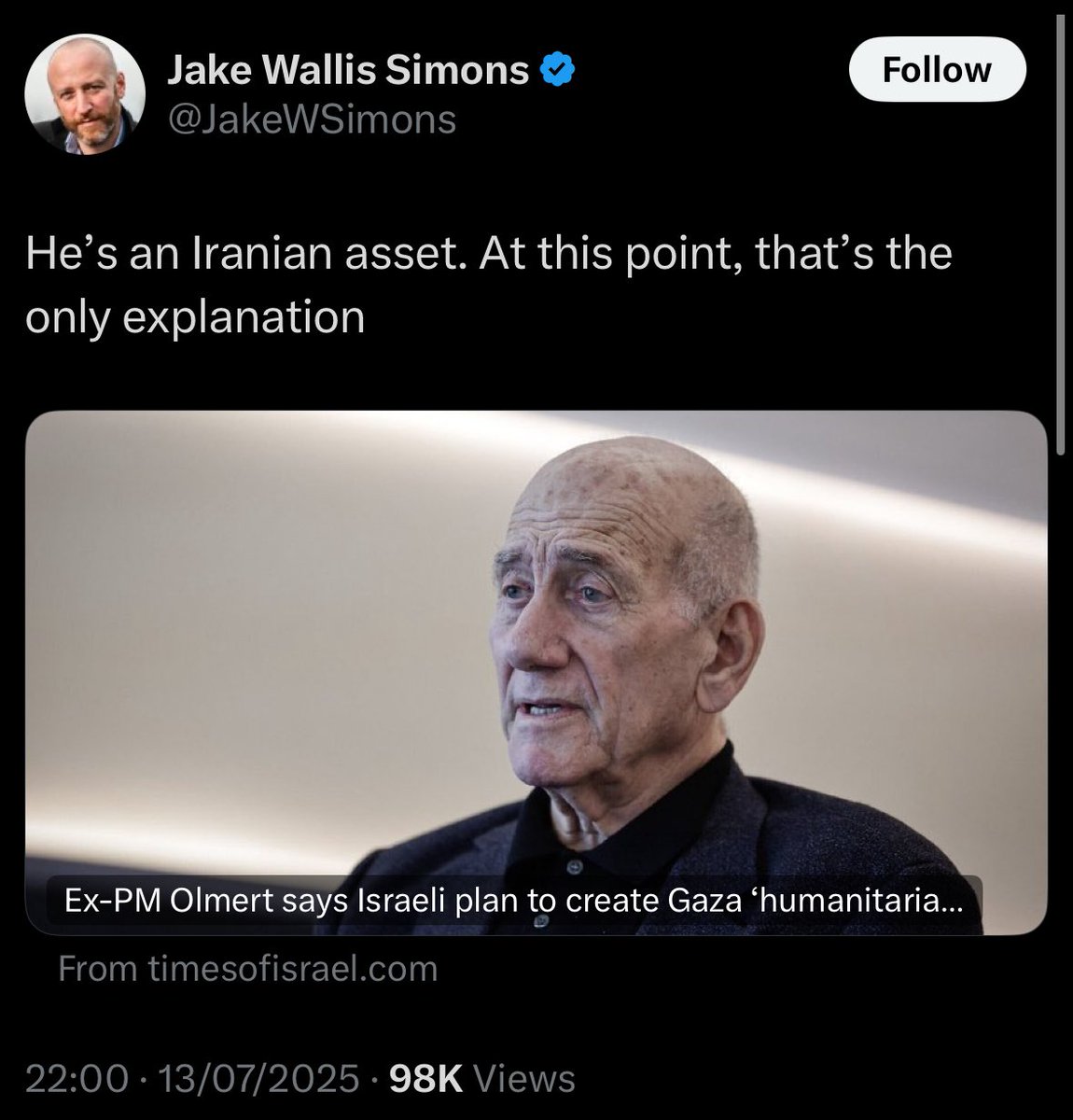 Imagine the witch-hunt and pogroms if Genocide Jake was ever in a position of authority in Israel!