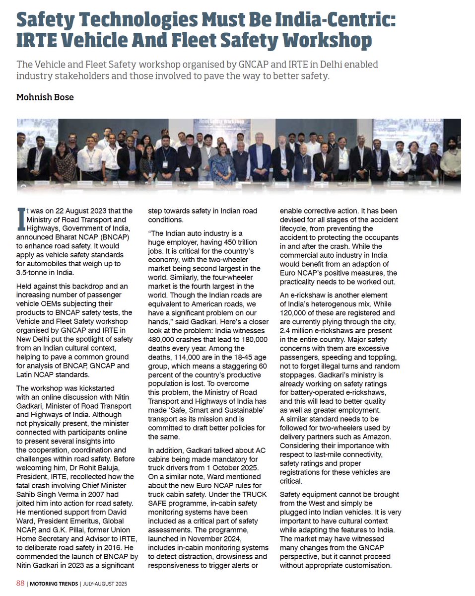Pleased to see the April 2025 Vehicle and Fleet Safety Workshop—a collaboration between IRTE and Global NCAP—featured in the latest Motoring Trends magazine*.
Together, let’s take a step towards safer fleets. 
 
Read the full article by Mohnish Bose in the Jul-Aug 2025 issue