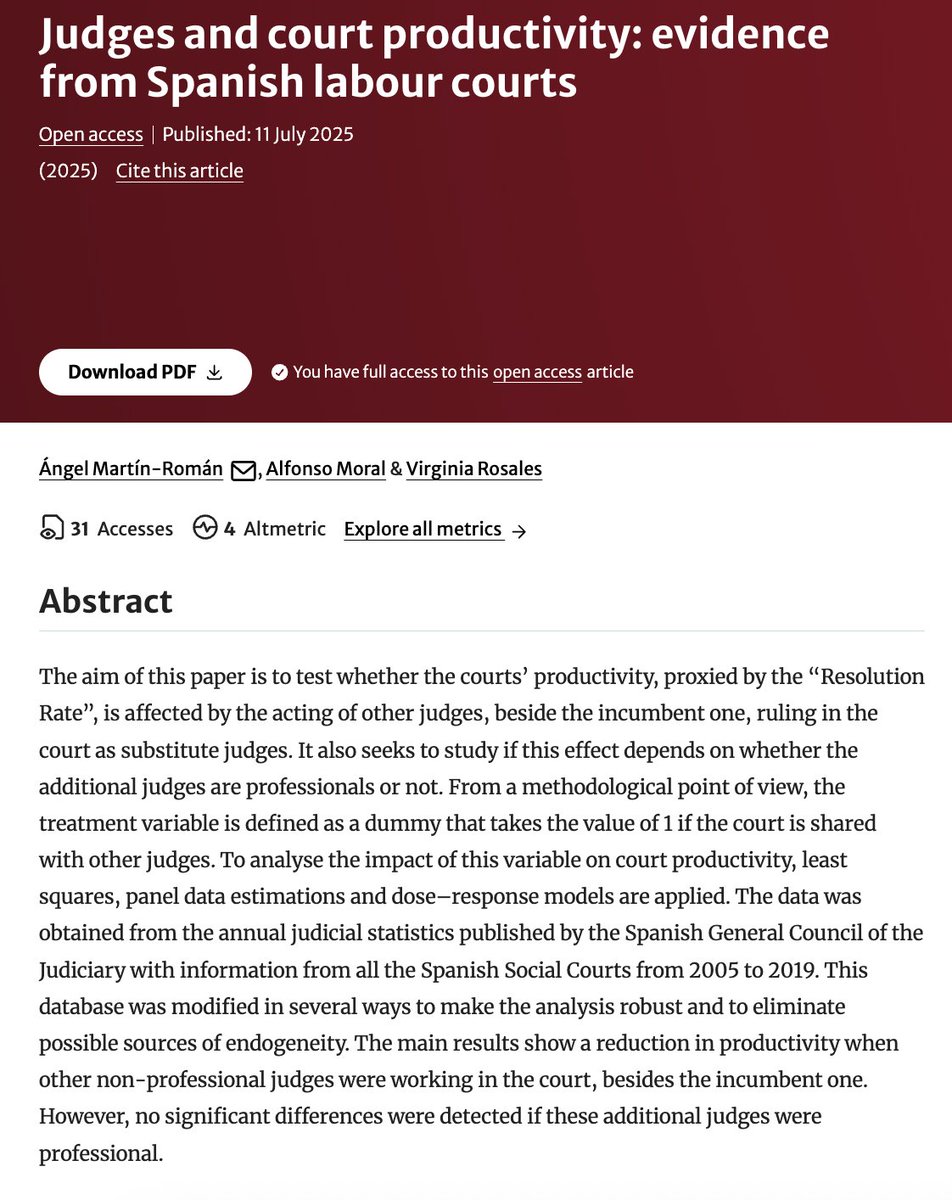 Dpto Economía Aplicada UGR (@ecougr) on Twitter photo Enhorabuena a nuestra compañera la Profa. <a href="/vrosales74/">Virginia Rosales</a> por su nueva publicación junto con Ángel Martín-Román y Alfonso Moral
Judges and court productivity: evidence from Spanish labour courts
link.springer.com/article/10.100… Enhorabuena a nuestra compañera la Profa. <a href="/vrosales74/">Virginia Rosales</a> por su nueva publicación junto con Ángel Martín-Román y Alfonso Moral
Judges and court productivity: evidence from Spanish labour courts
link.springer.com/article/10.100…