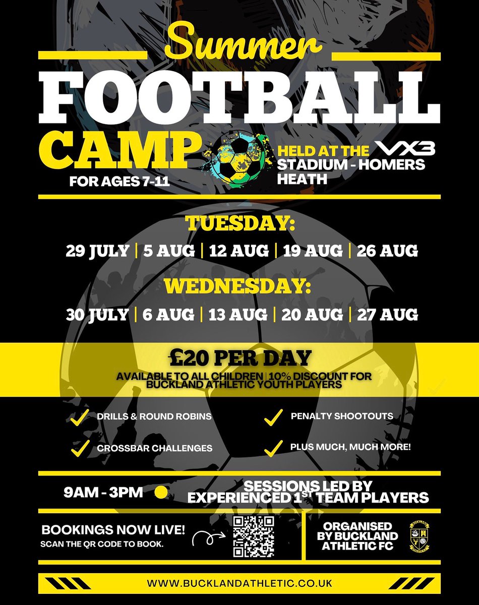 Buckland Athletic (@officalbafc) on Twitter photo โฝ๏ธ | Summer Camp
Just over 2 weeks to go to the first day ๐
Join us at The <a href="/VX3apparel/">VX3</a> Stadium - Homers Heath this July & August ๐๏ธ
๐ท ยฃ20 per day
๐ Ages 7-11
โฐ 9am-3pm
๐ Sessions led by experienced 1st Team Players
Sign up here ๐๐ป tinyurl.com/BAFCSummerCamp
#UpTheBucks ๐ฆ โฝ๏ธ | Summer Camp
Just over 2 weeks to go to the first day ๐
Join us at The <a href="/VX3apparel/">VX3</a> Stadium - Homers Heath this July & August ๐๏ธ
๐ท ยฃ20 per day
๐ Ages 7-11
โฐ 9am-3pm
๐ Sessions led by experienced 1st Team Players
Sign up here ๐๐ป tinyurl.com/BAFCSummerCamp
#UpTheBucks ๐ฆ