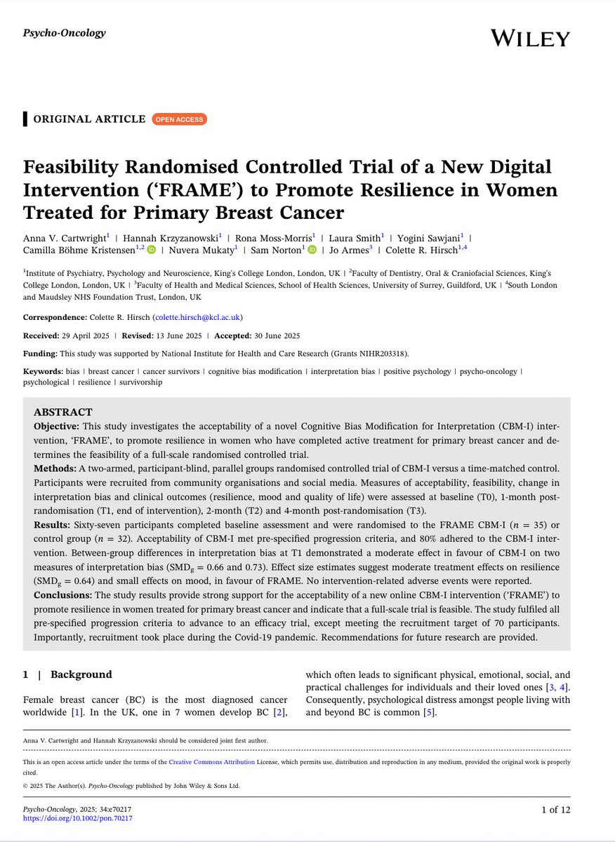 PsyOnc's tweet image. 🧠 Can reshaping interpretation bias boost resilience in breast cancer survivors? @PsyOnc
🌐 The FRAME CBM-I intervention was well-accepted & showed:
🔹 Moderate improvements in bias & resilience
🔹 High adherence (80%)
🔹 No adverse events
onlinelibrary.wiley.com/doi/10.1002/po…