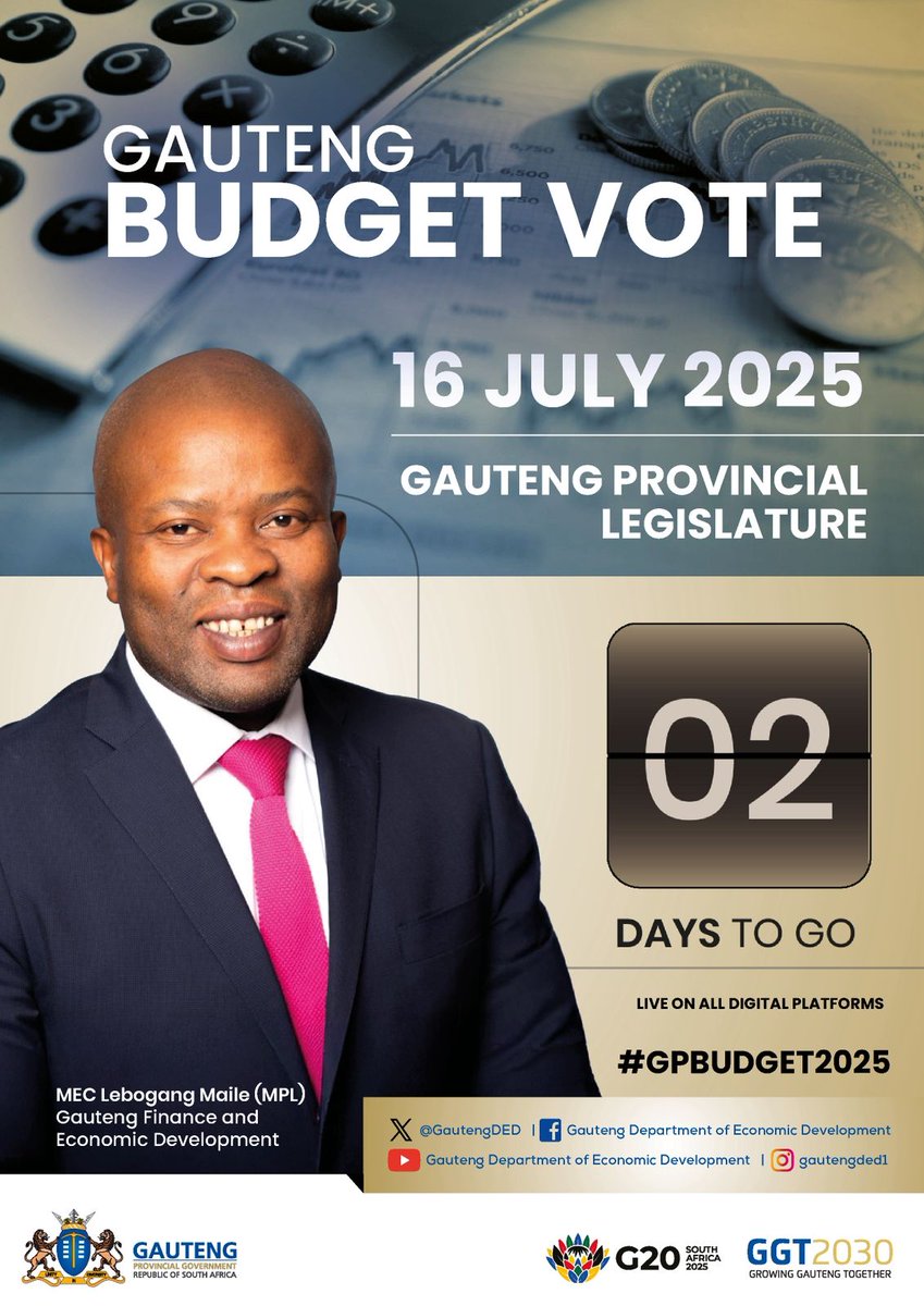 Gauteng Department of Economic Development (@gautengded) on Twitter photo ๐ฏ2 days to go
The countdown is on to the 2025 <a href="/GautengDED/">Gauteng Department of Economic Development</a> and <a href="/GautengTreasury/">Gauteng Treasury</a> Budget Vote.
๐16 July 2025
#GPBudget2025 ๐ฏ2 days to go
The countdown is on to the 2025 <a href="/GautengDED/">Gauteng Department of Economic Development</a> and <a href="/GautengTreasury/">Gauteng Treasury</a> Budget Vote.
๐16 July 2025
#GPBudget2025