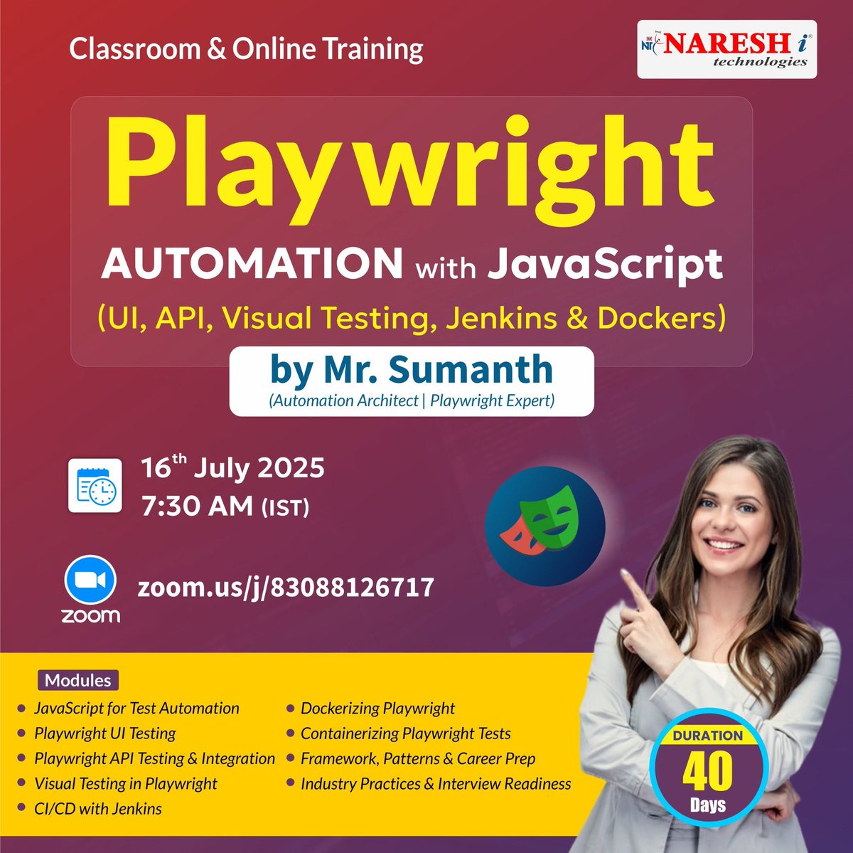 tejariya12's tweet image. Master Playwright Automation with JavaScript!
Join the Playwright Automation with JavaScript course led by Mr. Sumanth – (Automation Architect & Playwright Expert).
Registration Link: shorturl.at/N85xN
Starting From: 16th July 2025
Time: 7:30 AM (IST)
#FullStackTesting