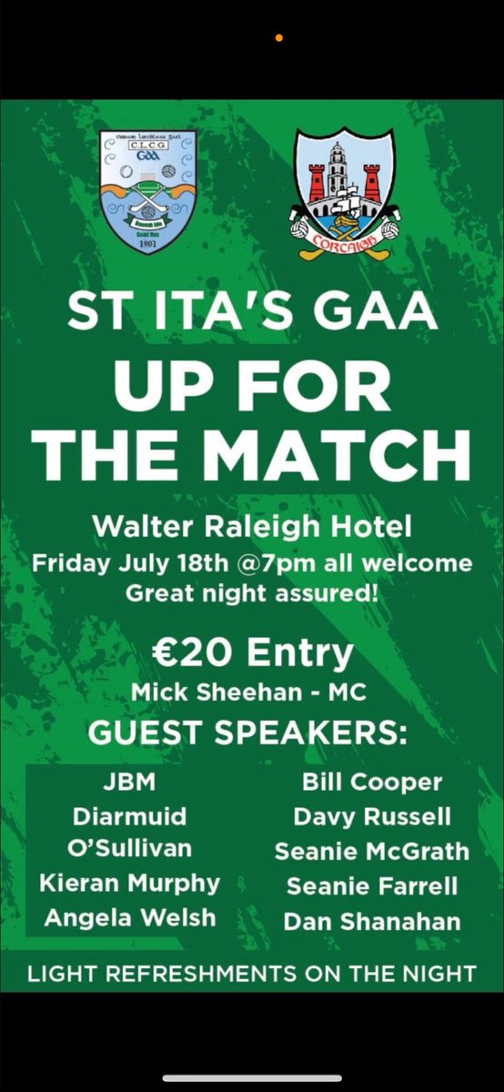 Come support our local GAA club on Friday night in the Walter Raleigh Hotel in Youghal. Great night in store guaranteed.