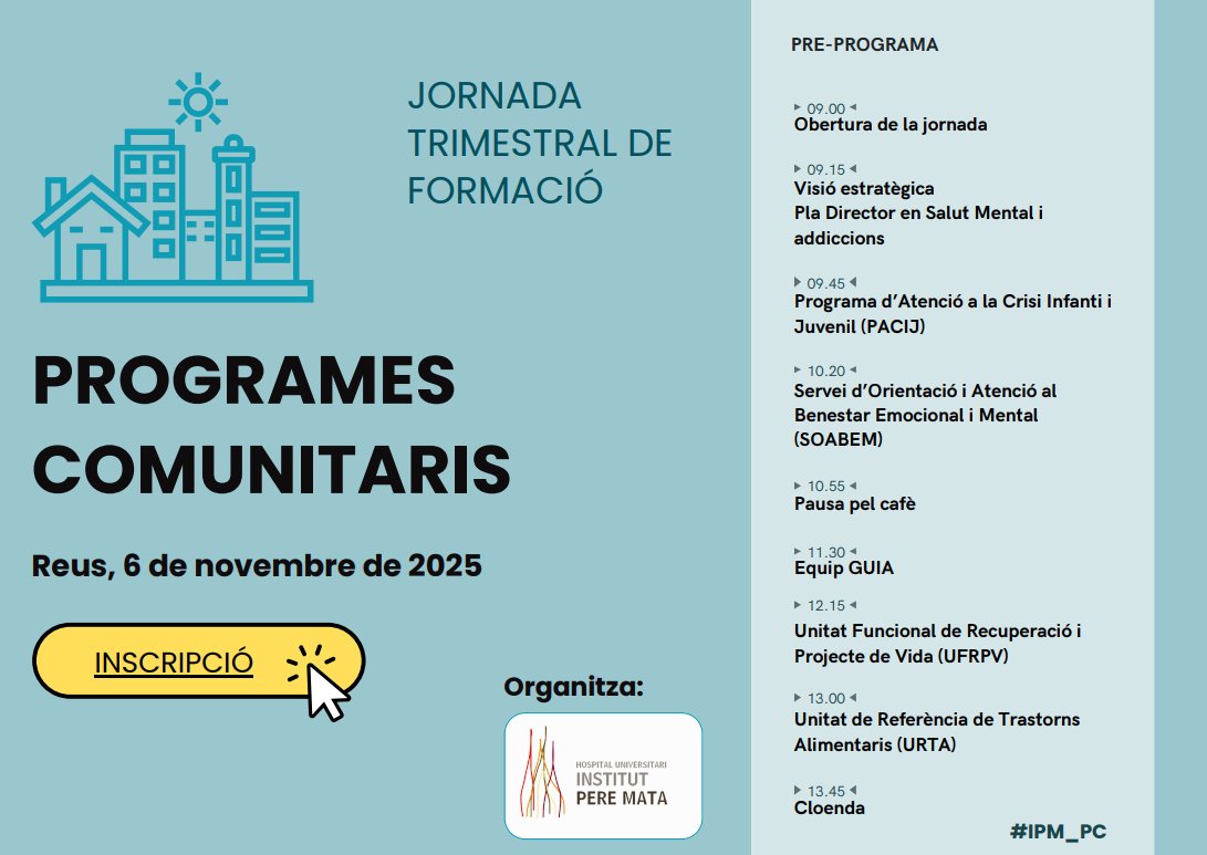 Jornada Trimestral de Formació: programes comunitaris
peremata.cat/cat/item/Comun…
👉Inscripció: forms.gle/nGMptjTQydwBxv…
🗓️6 de novembre de 2025
📍Reus #IPM_PC