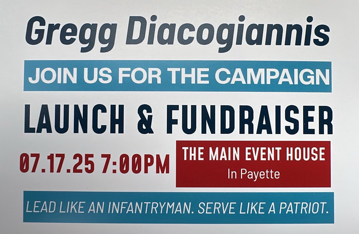 GD4ID's tweet image. GM!
Thursday is my official campaign launch party!!
Paid for by Gregg Diacogiannis victory fund, treasurer Kayla Diacogiannis