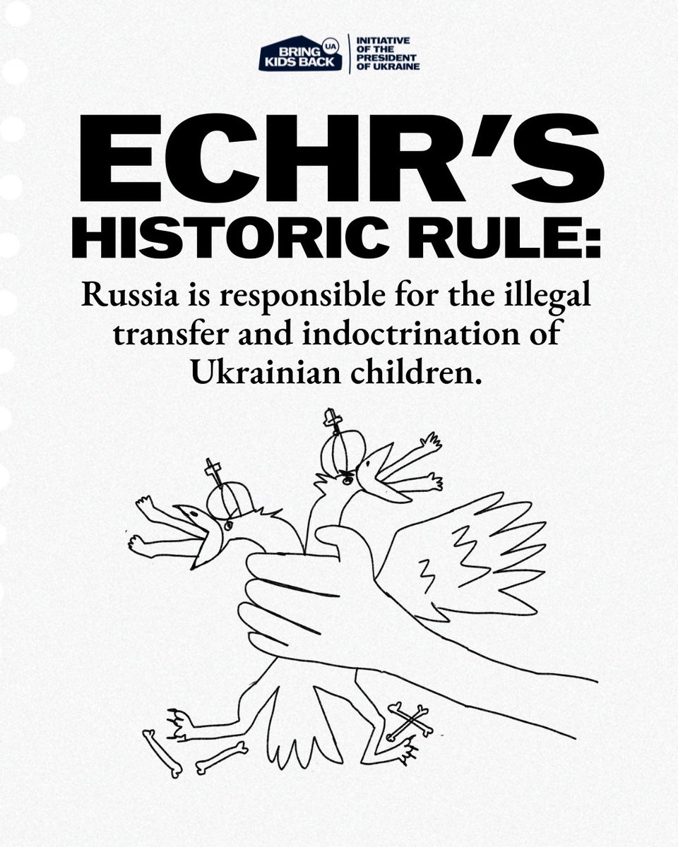 BringKidsBackUA's tweet image. The @ECHR_CEDH has issued a historic ruling: 🇷🇺 has been found guilty of a systematic practice of abduction, forcible transfer, and indoctrination of 🇺🇦 children.
The Court concluded that:
▪️ The Court confirmed there were no legal grounds for removing the children and ruled…