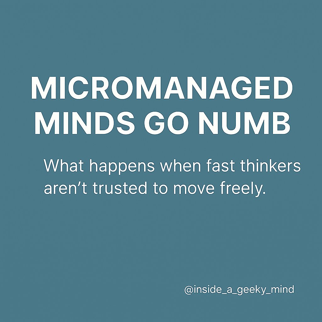 SteefColaris's tweet image. Fast Mind Files – Part 5
Micromanaged Minds Go Numb
Some people need structure to thrive.
Fast minds need room to breathe.
And yet, many gifted, fast-thinking individuals find themselves boxed in by endless approvals, rigid workflows, and control-driven leadership.
At first,…