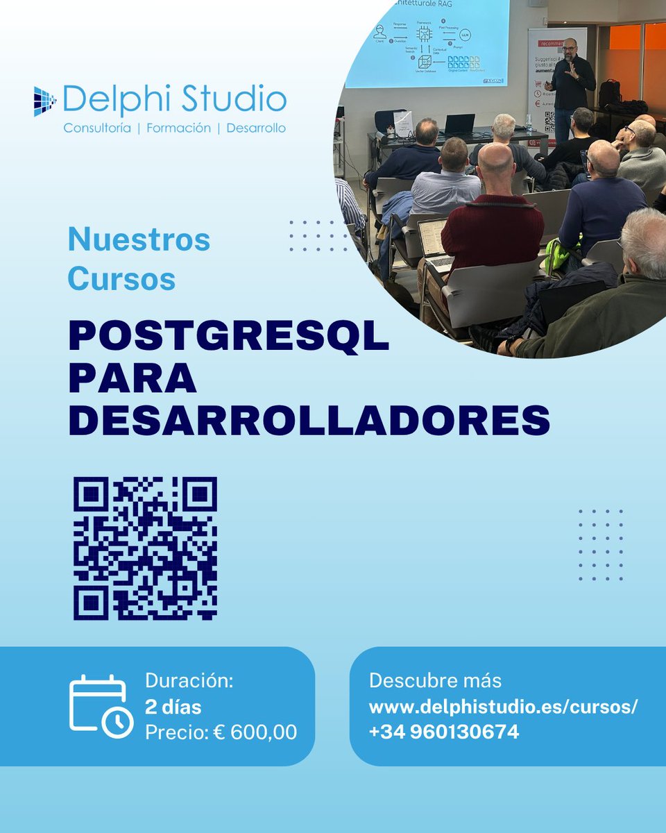 delphistudio_es's tweet image. Guía práctica para el desarrollo y optimización con PostgreSQL
Opciones de Curso: en clase o personalizado (también online)
Profesor: Daniele Teti, MVP de Embarcadero y autor de la guía oficial de DMVCFramework.
➡ delphistudio.es/cursos/postgre…
Contáctanos ➡ comercial@delphistudio.es