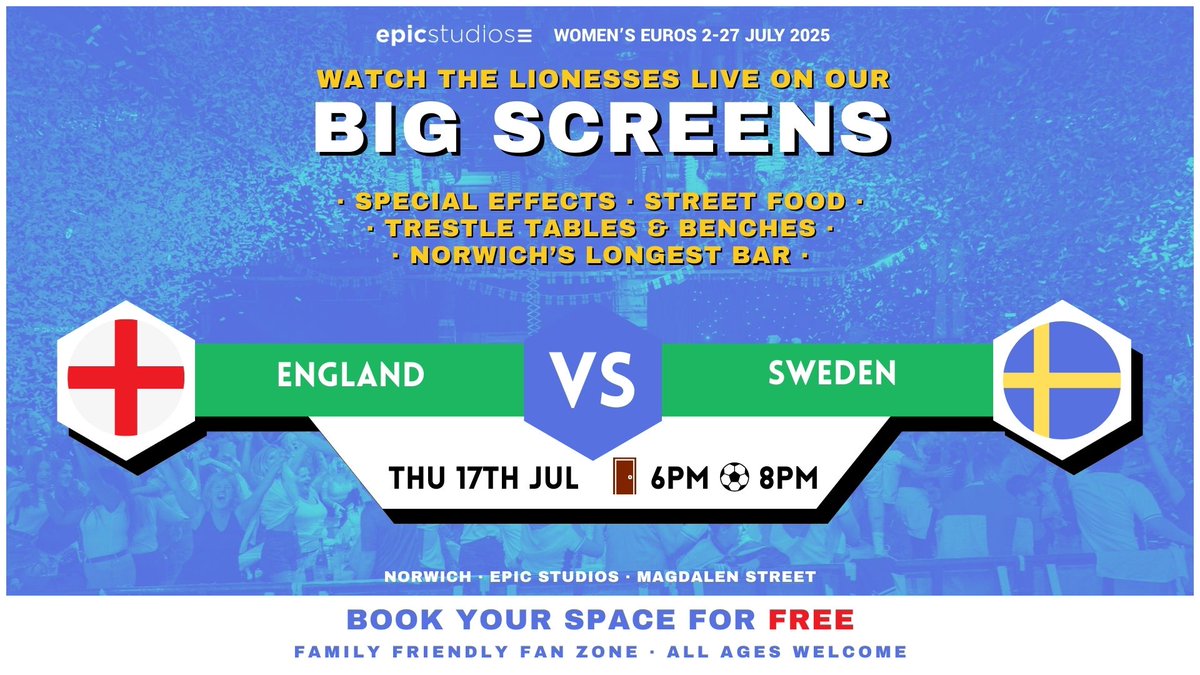 EPICNorwich's tweet image. 📣 JUST ANNOUNCED: The Women's Euros screening returns to our big screens upstairs this Thursday from 6pm where England face Sweden in the quarter-finals
Reserve your place for FREE 🎫 ow.ly/gUC550Wp6XE