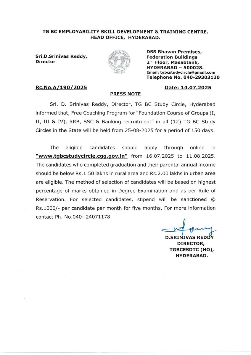 #TGBCStudyCircle in #Hyderabad is offering free coaching for Group Exams (I, II, III &amp; IV), #RRB, #SSC, Banking recruitment exams.  150-day program begins on Aug 25, 2025. Eligible grads with specific income criteria can apply online from Jul 16 to Aug 11, 2025. Stipend provided