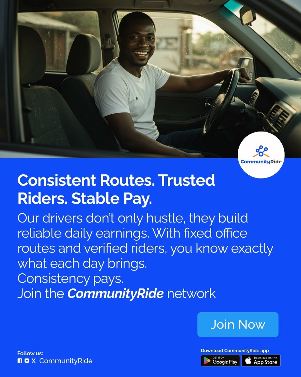 CommunityRideNG's tweet image. Drive with confidence. Earn with consistency.
With CommunityRide, your daily routes are fixed, your riders are verified, and your earnings are stable.
Join a network that values your time and rewards your effort.

#CommunityRide