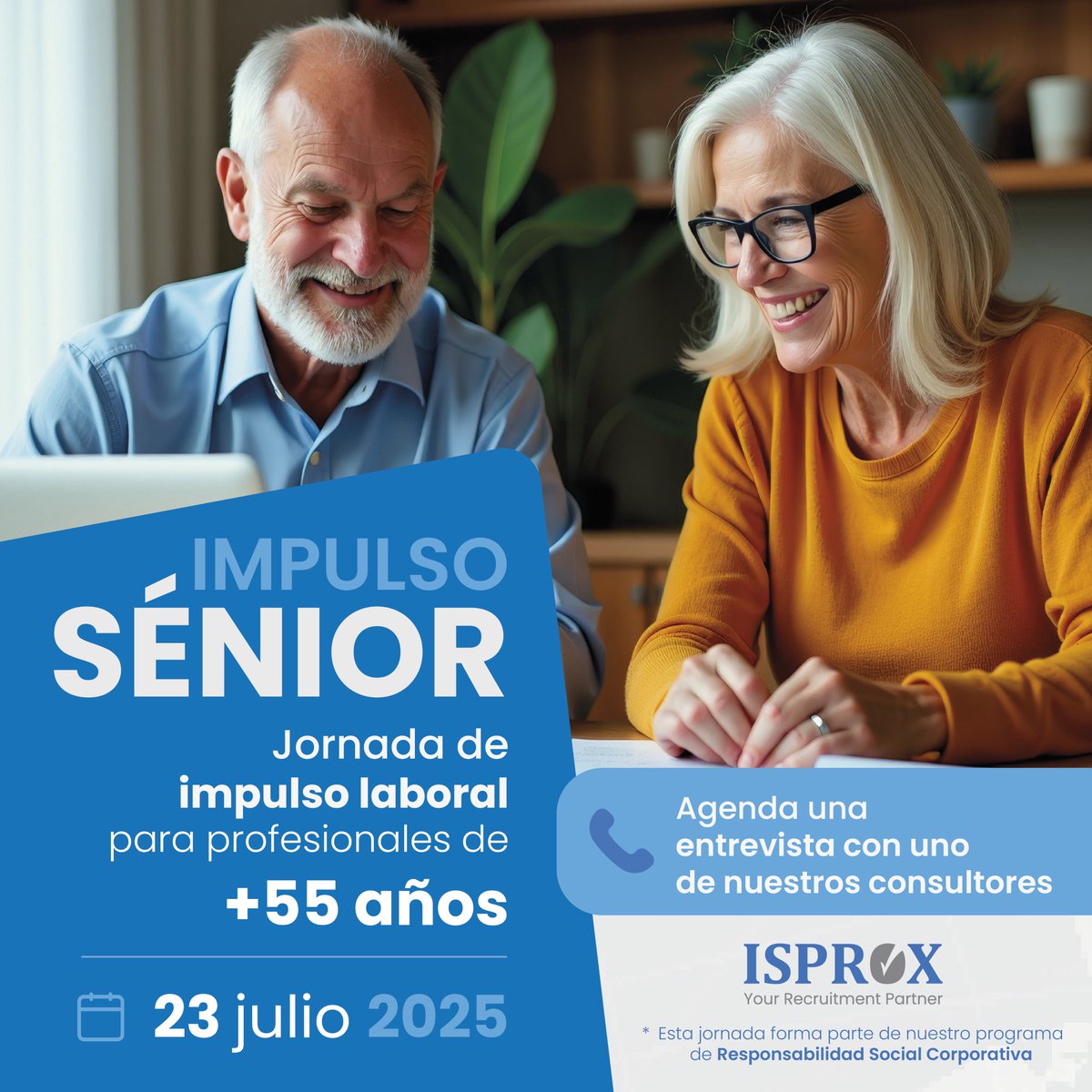 ISPROX Your Recruitment Partner (@isproxwork) on Twitter photo 📅 El 23 de julio celebramos #ImpulsoSénior en <a href="/isproxwork/">ISPROX Your Recruitment Partner</a> para apoyar a profesionales 55+.
🔹 Asesoramiento personalizado
🔹 Acceso a ofertas y procesos
Agenda tu entrevista 👉 isprox.com/impulso-labora…
¿Conoces a alguien interesado? ¡Compártelo!
#TalentoSenior #ISPROX 📅 El 23 de julio celebramos #ImpulsoSénior en <a href="/isproxwork/">ISPROX Your Recruitment Partner</a> para apoyar a profesionales 55+.
🔹 Asesoramiento personalizado
🔹 Acceso a ofertas y procesos
Agenda tu entrevista 👉 isprox.com/impulso-labora…
¿Conoces a alguien interesado? ¡Compártelo!
#TalentoSenior #ISPROX