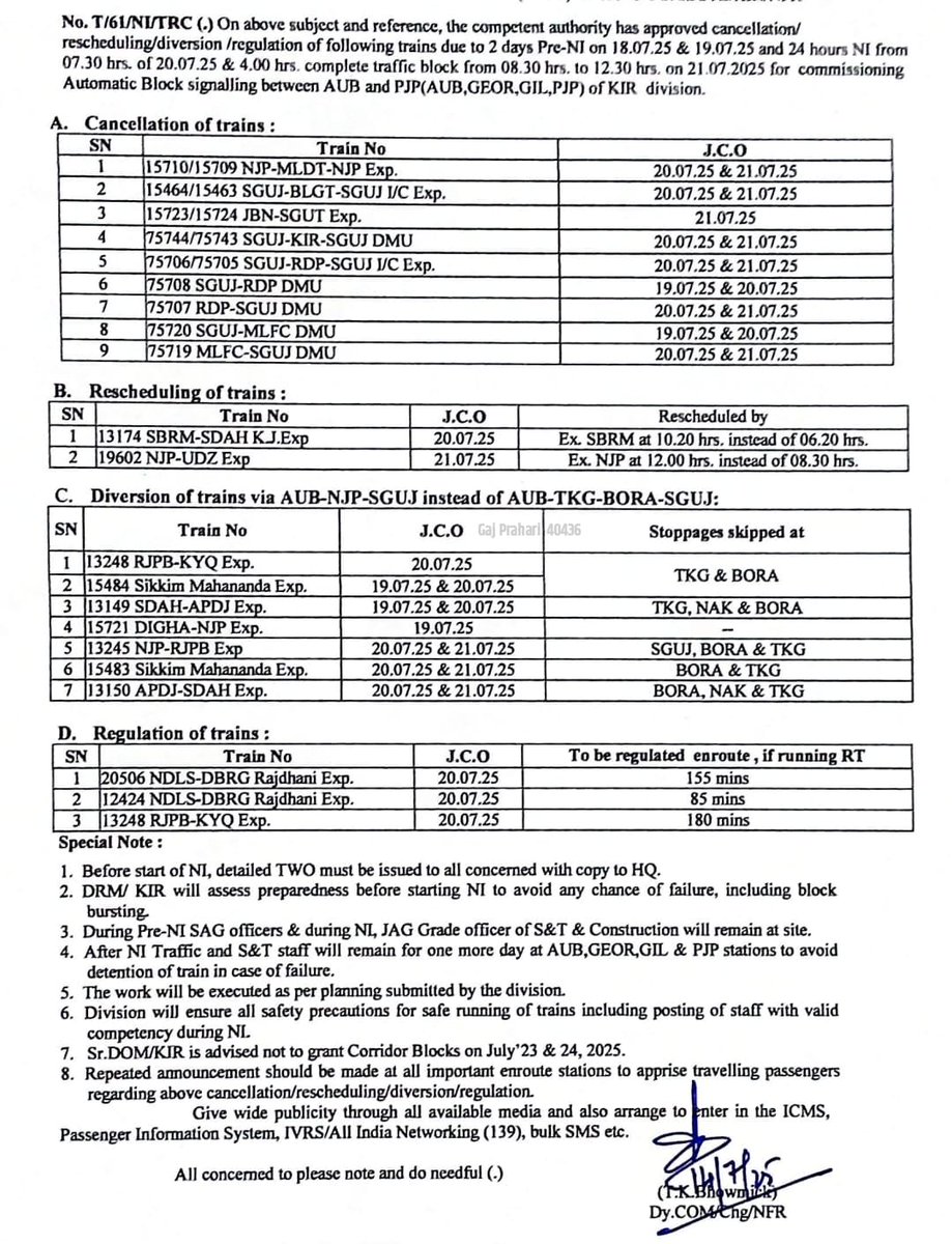 NFR_Enthusiasts's tweet image. Cancellation, Rescheduling, Diversion &amp;amp; Regulation of Trains for
Commissioning #AutomaticBlockSignalling between #AluabariRoadJunction, #Gunjaria, #Gaisal &amp;amp; #Panjipara.

@drm_kir @drm_apdj @drmmalda @drmsdah @drm_dli @adrm_dnr @drmdnr @RailNf @EasternRailway @ECRlyHJP