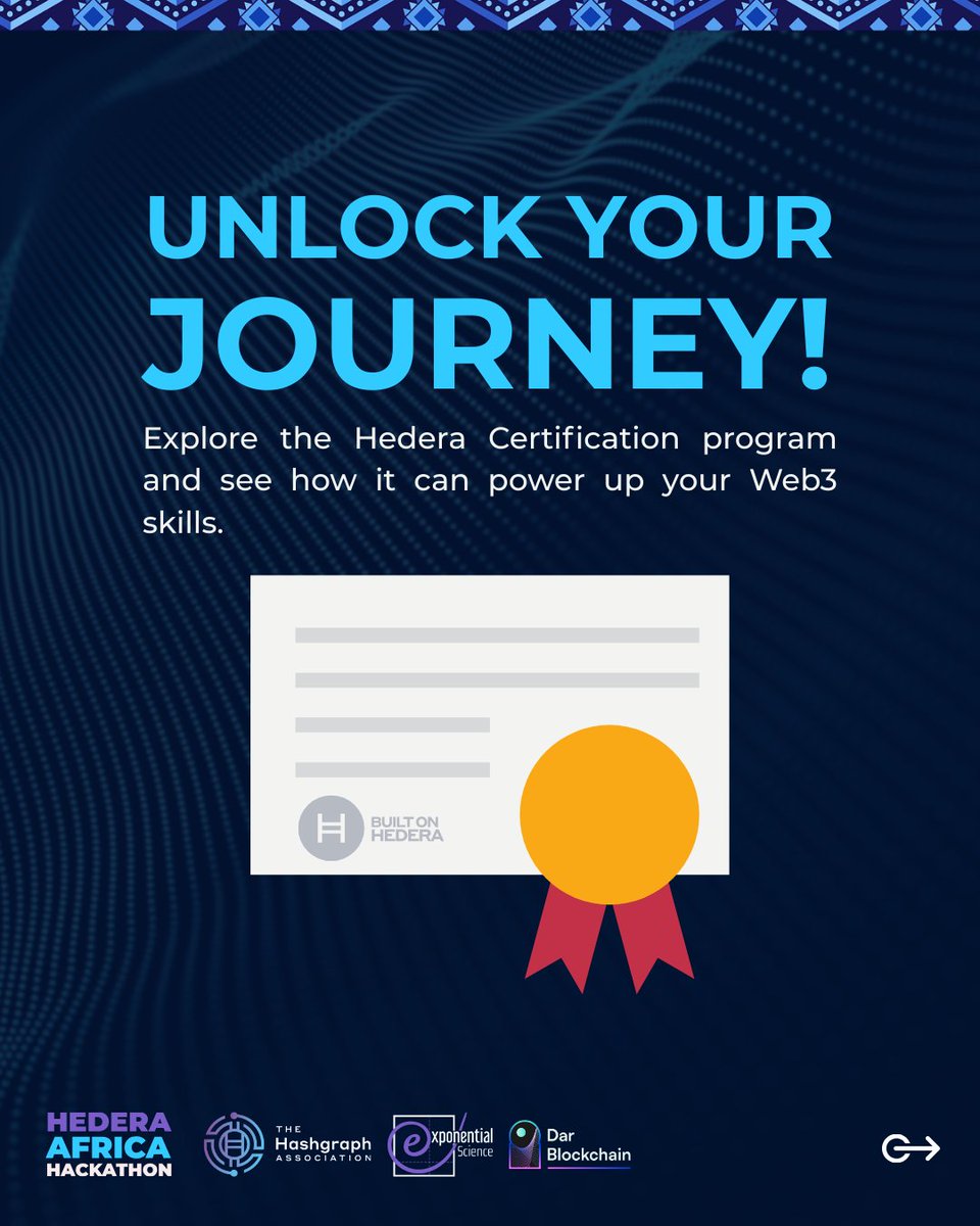 Hedera_Hacks's tweet image. The secret to standing out in the #HederaAfricaHackathon?
👉🏽 Mastering the essentials and getting officially certified!
𝐖𝐡𝐚𝐭’𝐬 𝐢𝐧𝐬𝐢𝐝𝐞?
🔑Web3 knowledge to sharpen your project
🔑Hands-on experience with Hedera’s tech
🔑Certification to show you’re hackathon-ready…