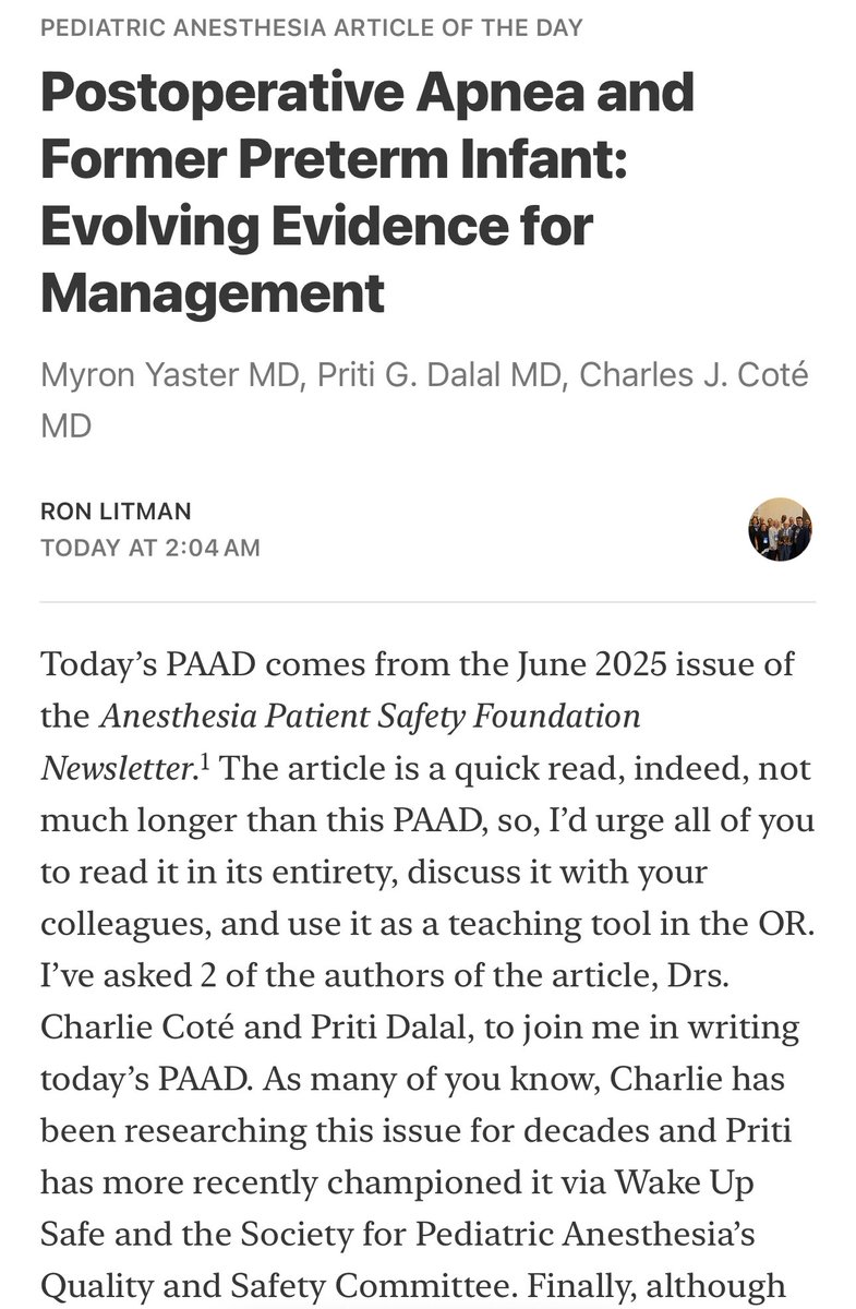 Pediatric Anesthesia Article of the Day

Postoperative Apnea and Former Preterm Infant: Evolving Evidence for Management

Myron Yaster MD, Priti G. Dalal MD, Charles J. Coté MD

open.substack.com/pub/ronlitman/…

#PedsAnes #PedsPain #PedsCardsAnes #PedsICU #MedEd #PAAD