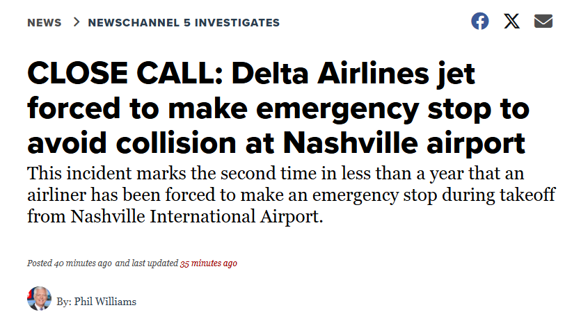 BREAKING: An airliner loaded with passengers was forced to slam on the brakes during takeoff last week from Nashville International Airport to avoid a collision with a single-engine plane that had crossed into its path, NewsChannel 5 has learned.