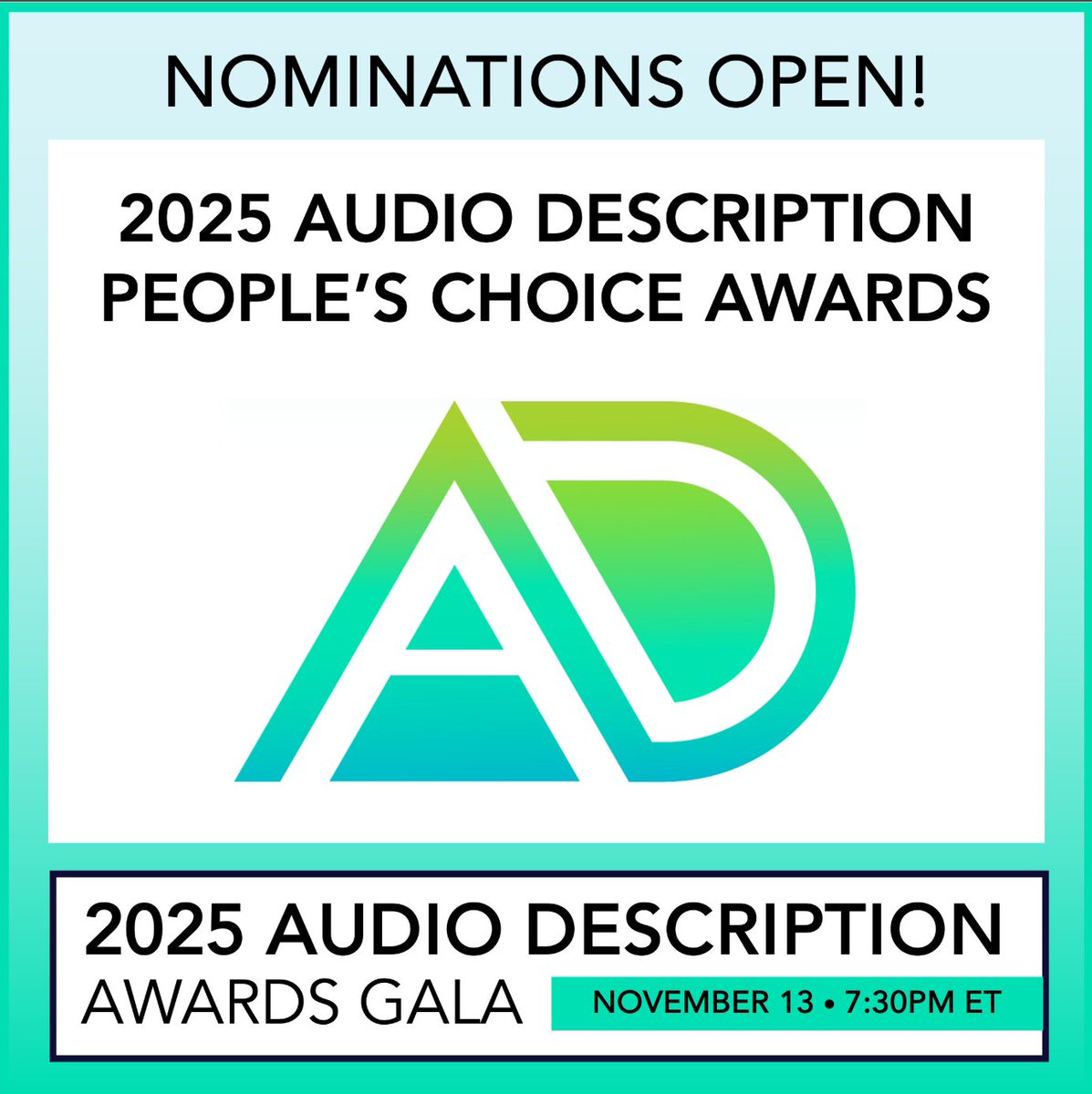 ADPwebmaster's tweet image. Voting for the 2025 Audio Description People’s Choice Award is open through July 20! Winners will be revealed during the 2025 AD Awards Gala on Nov 13 at 7:30 PM ET. Learn more and vote today at adp.acb.org/vote-now-ad-pe…