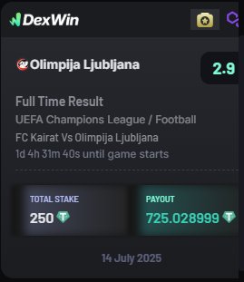 Xyronis ๐
(@onchainverse) on Twitter photo โฝ FC Kairat vs Olimpija Ljubljana in UCL qualifiers!
Dropped 250 $USDT on Olimpija Ljubljana to win โ returns 725 $USDT ๐ฅ
Best betting odds in UEFA Champions League qualifications today!
Only on <a href="/DexWin_Sports/">DexWin Crypto Betting</a> โ zero fees, no KYC, Web 3.0 betting ๐ โฝ FC Kairat vs Olimpija Ljubljana in UCL qualifiers!
Dropped 250 $USDT on Olimpija Ljubljana to win โ returns 725 $USDT ๐ฅ
Best betting odds in UEFA Champions League qualifications today!
Only on <a href="/DexWin_Sports/">DexWin Crypto Betting</a> โ zero fees, no KYC, Web 3.0 betting ๐