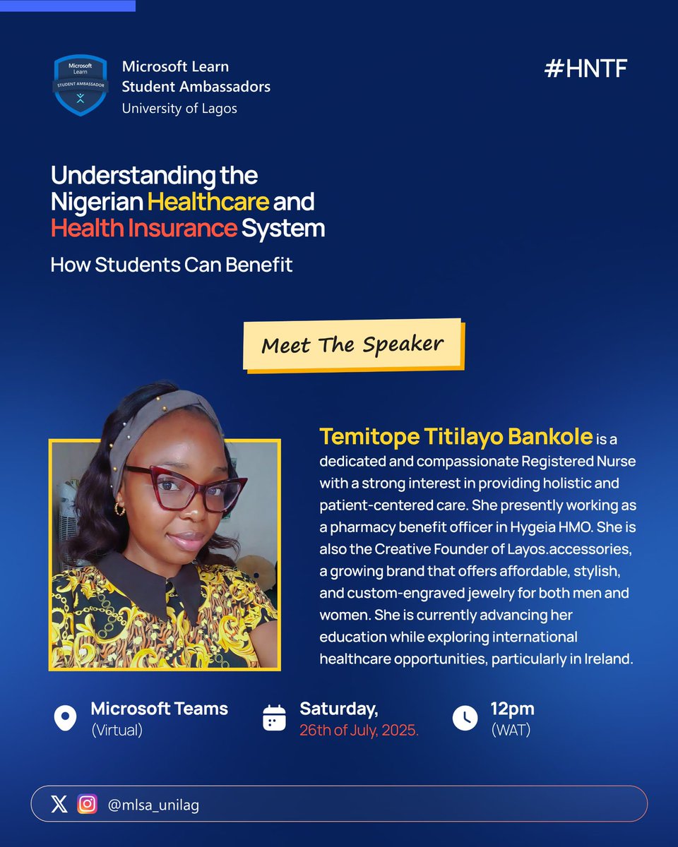 ⏳ 12 days to go!
Got questions about Nigerian healthcare &amp; insurance? 🤔
Let’s break it down for you- the MLSA way.

📅 Sat, July 26
🕛 12PM WAT
💻 Microsoft Teams

🔗 Register: tally.so/r/mRaPej
Your health matter! 

#MLSAUnilag #HealthcareEducation