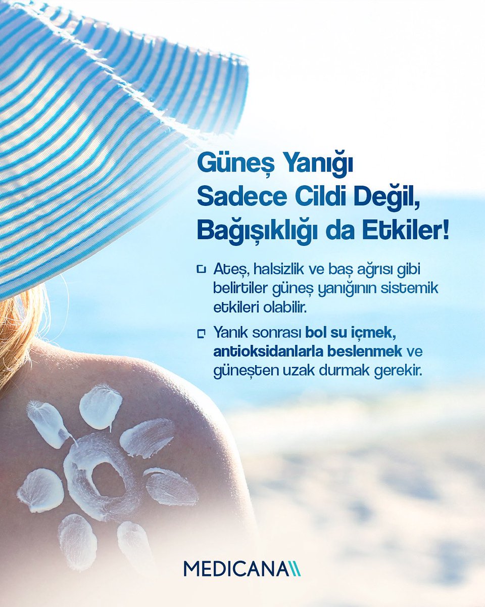 ☀️ Güneş yanığı yalnızca ciltte değil, vücudun genelinde etkili olabilir.
Ateş, baş ağrısı ve halsizlik gibi belirtiler yaşıyorsanız, bu sistemik bir yanıtın işareti olabilir.
Yanık sonrası dönemde bol sıvı tüketin, C vitamini gibi antioksidanlara yönelin ve cildinizi doğrudan