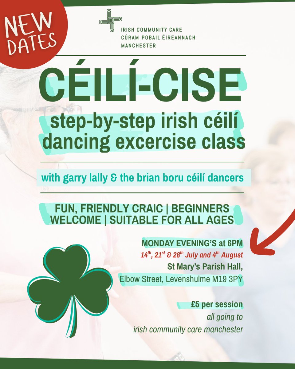 Céilí-cise is BACK THIS EVENING (Monday 14th July) for another 4 weeks at St Mary's Hall on Elbow Street in Levenshulme from 6pm-7:30pm.

Good exercise, good craic and a good way to learn Irish céilí dances in a fun, friendly environment. £5 on the door for each class.