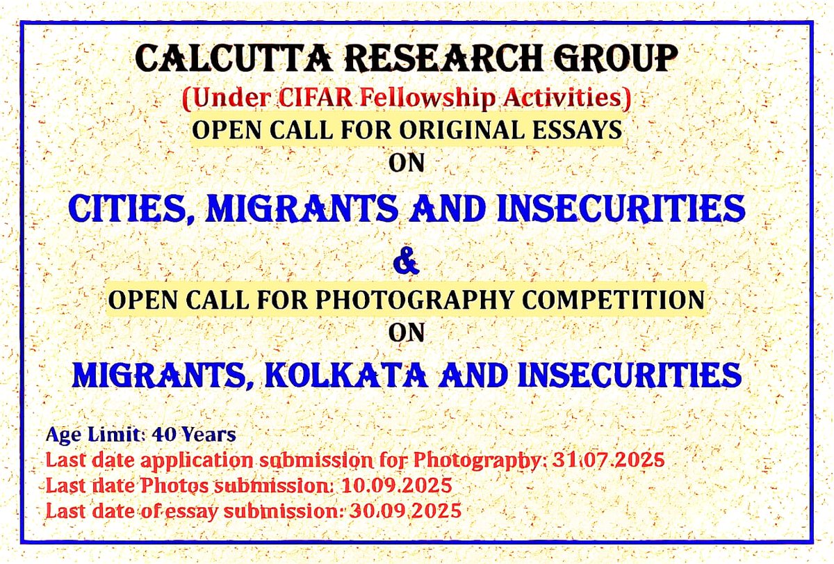 Open Call for Essays and Photography Competition!

Explore the interconnectedness of migration and city spaces.
For details, see: mcrg.ac.in 
For essays, apply at: forms.gle/XdW7C9DGmT6qQV…
For photography, apply at: forms.gle/bmgrPEPrXksqPN…

<a href="/CIFAR_News/">CIFAR</a> 
#city