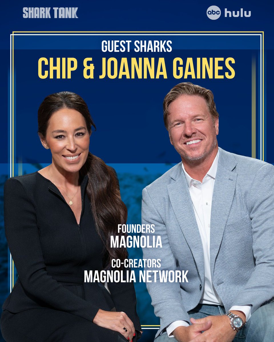 ABCSharkTank's tweet image. From dream home renovations to making dream deals in the Tank! 🏠 @joannagaines and @chipgaines are Guest Sharks on the new season of #SharkTank, Wednesdays this fall on ABC and stream on Hulu.