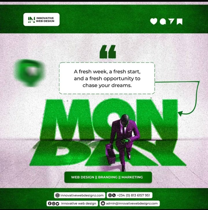 A new week to get ahead of your competitors and win the game. 
You still got the opportunity to win

Need a website that does the work for you? 

Or a marketing strategy that works like magic? Send a message. 

Happy new week!
Innovativewebdesignz.com

Chelsea Buhari London Lagos