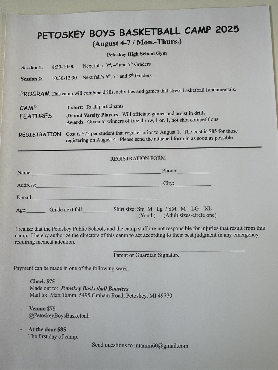 PETOSKEY BASKETBALL (@petoskeyhoops) on Twitter photo Petoskey Basketball youth  Camp!  Come out and get your ball on!   
August 4th thru the 7th
3rd -8th Graders
$75 Petoskey Basketball youth  Camp!  Come out and get your ball on!   
August 4th thru the 7th
3rd -8th Graders
$75