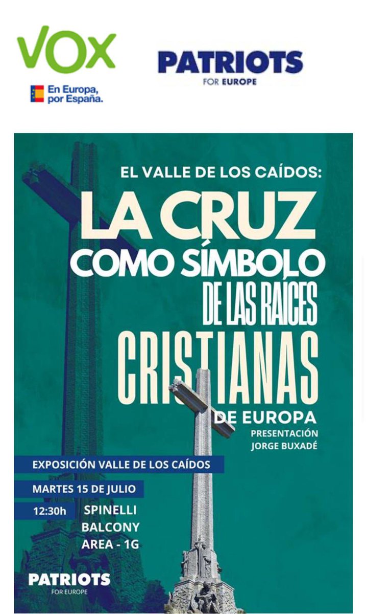 A açò es dedica Vox al Parlament Europeu, a fer una exposició segons ells: “…dedicada al conjunto monumental del Valle de los Caídos, compuesta por paneles explicativos, fotografías originales y una maqueta del conjunto, recorriendo su historia, valor artístico y cultural…”.