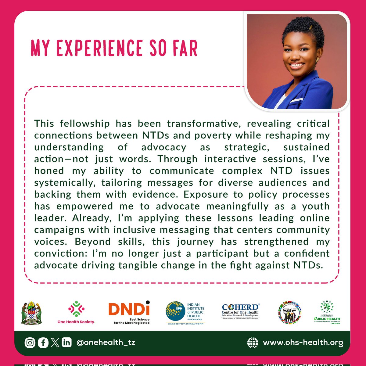 onehealth_tz's tweet photo. YOUTH NTDs FELLOW 2025 JUNE SPOTLIGHT 💥💯💥
Meet Anneth D. Mkoma @Miss_anneth as the Fellow spotlight for month June .

Congratulation for your highly esteemed commitment for NTDs elimination. 

#youthntdfellowship #OneHealth https://t.co/N6Rv0bbaVc