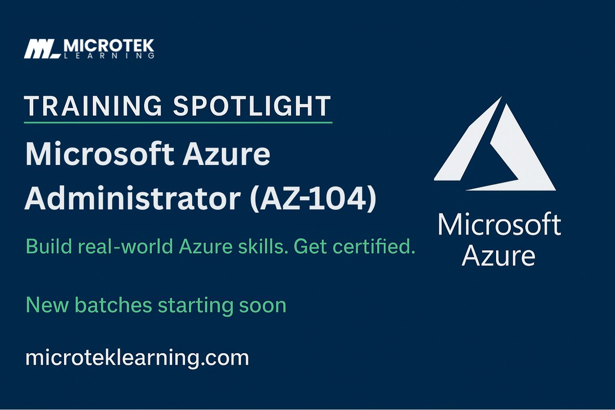 MicrotekLearn's tweet image. 🎯 Training Spotlight
 Microsoft Azure Administrator (AZ-104)
✔ Learn to manage Azure environments
✔ Prepare for the AZ-104 certification
✔ New batches starting soon!

🔗 lnkd.in/dqXcpyUh

#AZ104 #AzureTraining #MicrosoftAzure #ITCertifications  #CloudComputing #Upskill