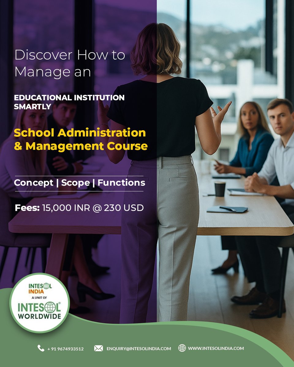 Our School Administration &amp; Management Course empowers you to manage institutions smartly! Discover essential concepts, scope, and functions to excel. 

🌐 intesolindia.com

#schoolmanagement #educationleadership #schooladministration #educationmanagement  #intesolindia
