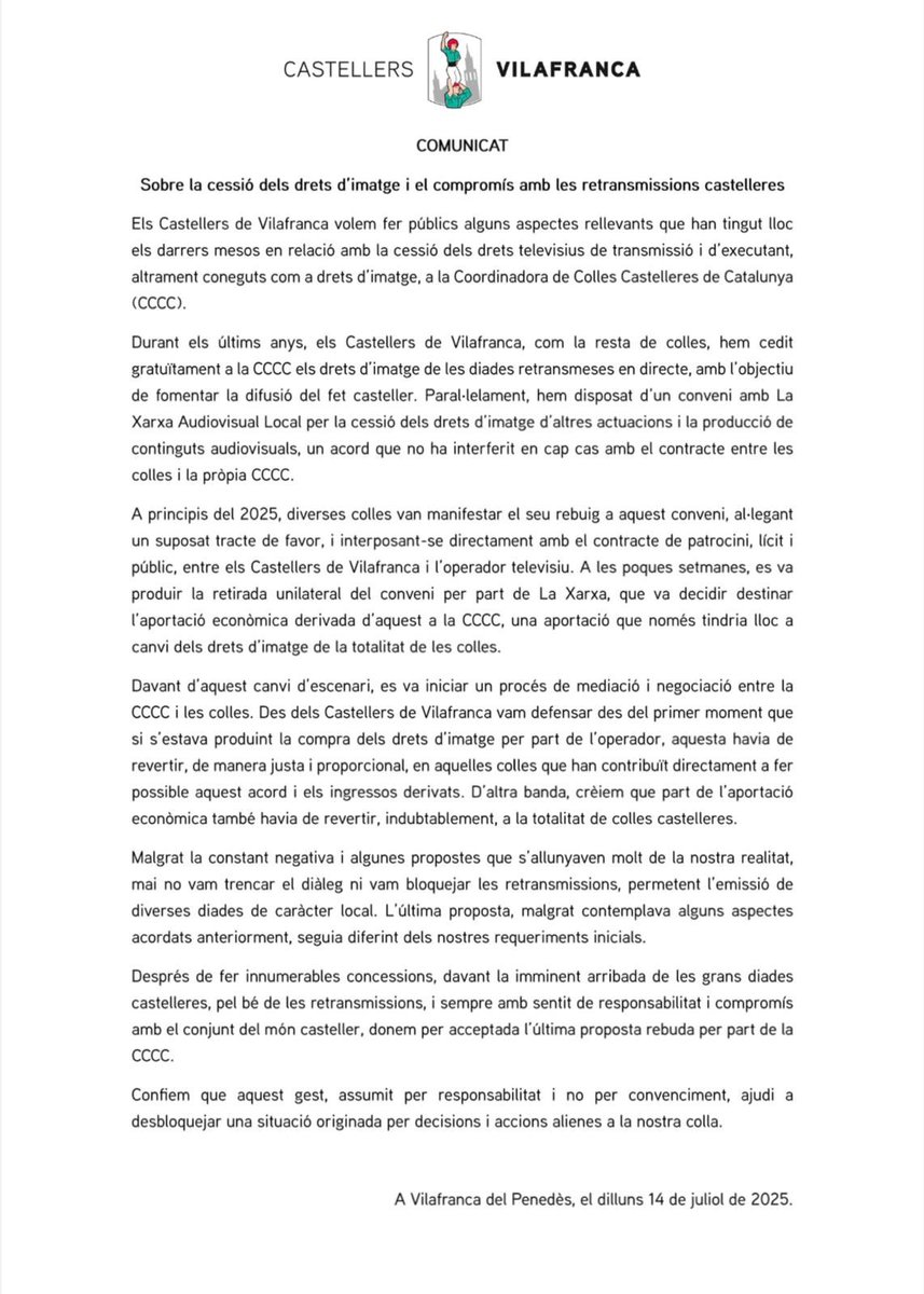 🗣️ COMUNICAT DELS CASTELLERS DE VILAFRANCA
Sobre la cessió dels drets d'imatge i el compromís amb les retransmissions castelleres.

#castellers 
#castells