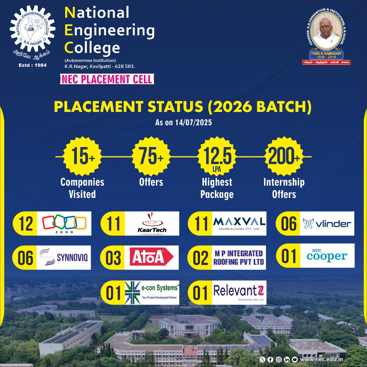 🚀 Placement Highlights – Batch of 2026 🎓
The journey from campus to career begins! 🌟
Our talented students are being hired by top recruiters across industries.
Proud of our achievers and the legacy of excellence at NEC,  💼✨
#NECPlacements #NationalEngineeringCollege