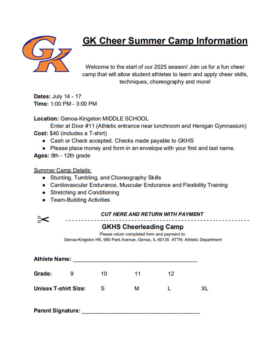 Reminder that Volleyball Summer Camp will take place at GKHS today, but the Cheer Summer Camp will be held at GK MIDDLE SCHOOL.  Volleyball campers should enter GKHS at Door #5 while Cheer campers will enter GKMS at Door #11.
#gkcogs #BuildTheBrand