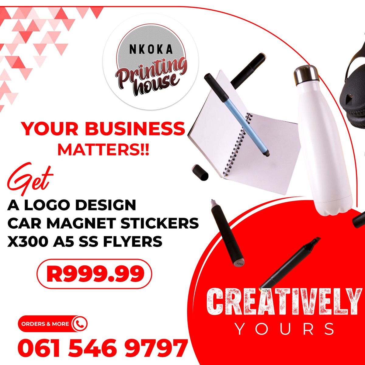 It`s Monday, best day to start with your weekly goals.

Start with a;
Logo Design
A3 Magnetic Stickers (Set)
X300 A5 Single Sided Pamphlets

Orders - nkokaprinting@gmail.com or 061 546 9797

#Nkoka #design #mabopane #pretoria