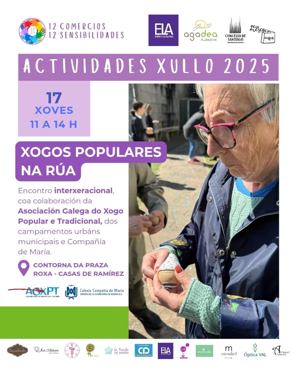 Comercio Santiago (@comerciostgo) on Twitter photo Continúan as actividades de #12comercios12sensibilidades, con <a href="/Elainteriorismo/">ELA INTERIORISMO</a> e <a href="/agadealzheimer/">AGADEA Alzheimer</a> como protagonistas.
📅 Mañá, 17 de xullo, xornada de xogos tradicionais.
Dinamiza a actividade @agxpt_xogotrad, e colaboran os campamentos urbáns municipais e <a href="/cdmcompostela/">Compañía de María Santiago de Compostela</a>.💚 Continúan as actividades de #12comercios12sensibilidades, con <a href="/Elainteriorismo/">ELA INTERIORISMO</a> e <a href="/agadealzheimer/">AGADEA Alzheimer</a> como protagonistas.
📅 Mañá, 17 de xullo, xornada de xogos tradicionais.
Dinamiza a actividade @agxpt_xogotrad, e colaboran os campamentos urbáns municipais e <a href="/cdmcompostela/">Compañía de María Santiago de Compostela</a>.💚