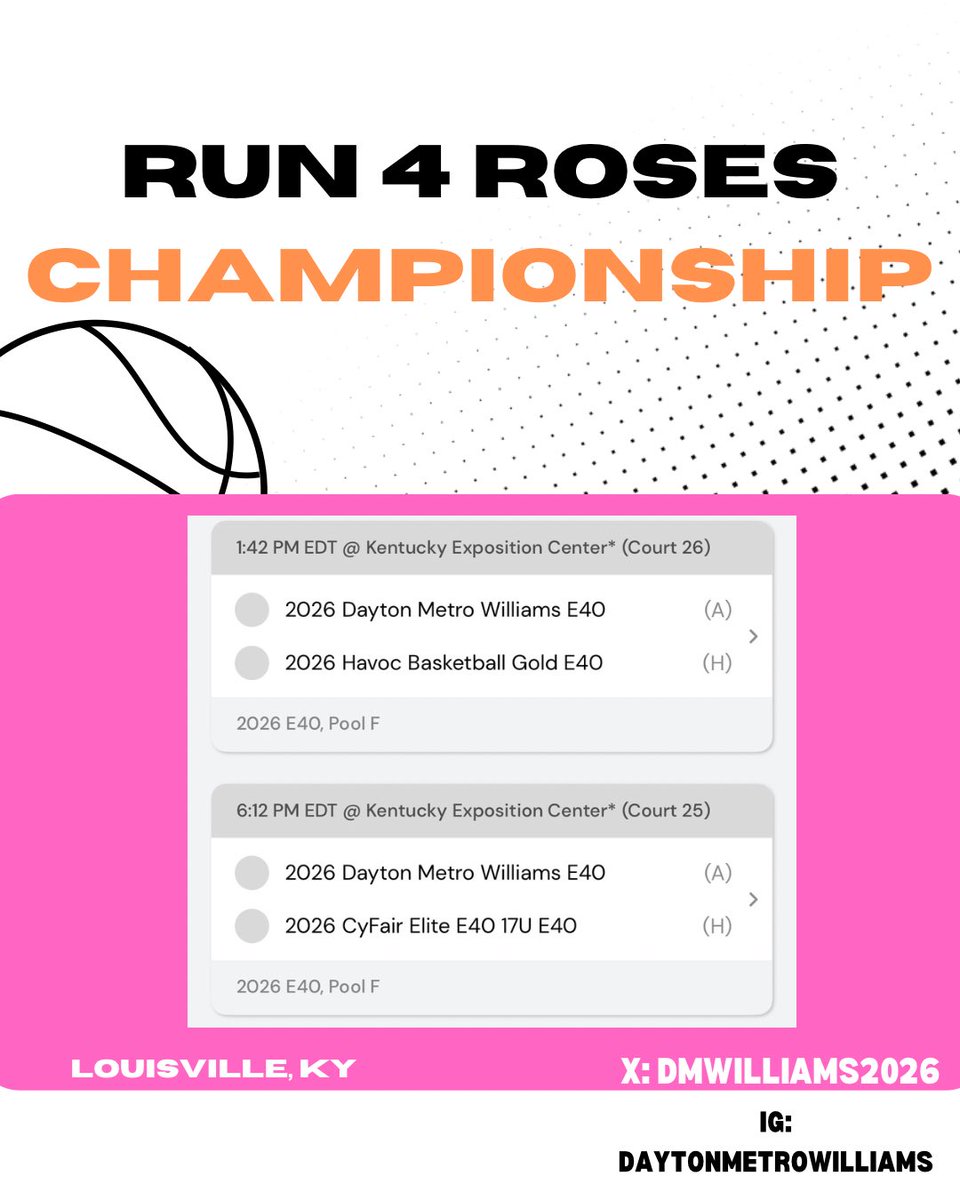 Dayton Metro Williams (@dmwilliams2026) on Twitter photo Come check us out today!
Game 1: 1:42pm, Court 26
Game 2: 6:12pm, Court 25
#daytonmetrobasketball
<a href="/DayMetroHoops/">Dayton Metro Hoops</a> <a href="/Elite40League/">Elite 40 League</a> Come check us out today!
Game 1: 1:42pm, Court 26
Game 2: 6:12pm, Court 25
#daytonmetrobasketball
<a href="/DayMetroHoops/">Dayton Metro Hoops</a> <a href="/Elite40League/">Elite 40 League</a>