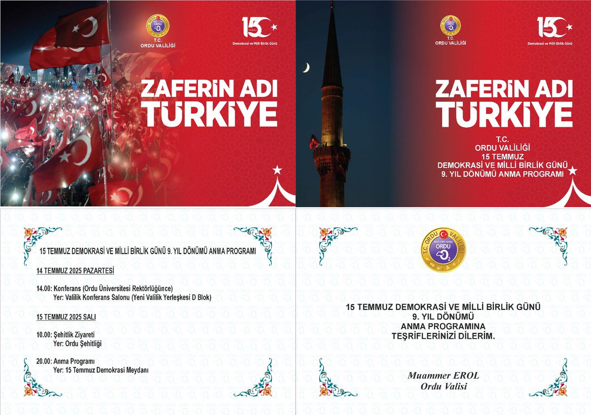 #ZaferinAdı Türkiye🇹🇷

#15Temmuz Demokrasi ve Milli Birlik Günü anma programlarımıza tüm hemşehrilerimizi davet ediyoruz 🇹🇷

#15TemmuzDestanı 
#15TemmuzDemokrasiveMilliBirlikGünü