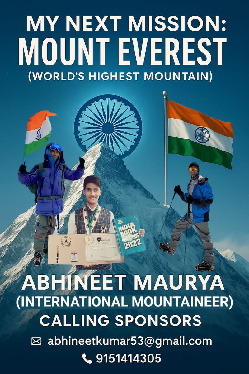 Hariom Maurya (@maurya__563) on Twitter photo I am fully prepared to climb the world's highest peak Mount Everest. I request all of you to support me financially. I am calling for sponsorship for Mount Everest. Please support me.
<a href="/SonuSood/">sonu sood</a> <a href="/TataMotors/">Tata Motors</a> <a href="/HCL_Foundation/">HCLFoundation</a> <a href="/IndiGo6E/">IndiGo</a> <a href="/msdhoni/">Mahendra Singh Dhoni</a> <a href="/HeroMotoCorp/">Hero MotoCorp</a> #abhineetmaurya #everest I am fully prepared to climb the world's highest peak Mount Everest. I request all of you to support me financially. I am calling for sponsorship for Mount Everest. Please support me.
<a href="/SonuSood/">sonu sood</a> <a href="/TataMotors/">Tata Motors</a> <a href="/HCL_Foundation/">HCLFoundation</a> <a href="/IndiGo6E/">IndiGo</a> <a href="/msdhoni/">Mahendra Singh Dhoni</a> <a href="/HeroMotoCorp/">Hero MotoCorp</a> #abhineetmaurya #everest